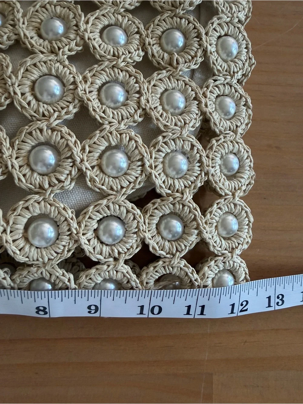 Haute Hippie Style Crochet Pearl Tote Bag Cream Woven Macrame Raffia Purse